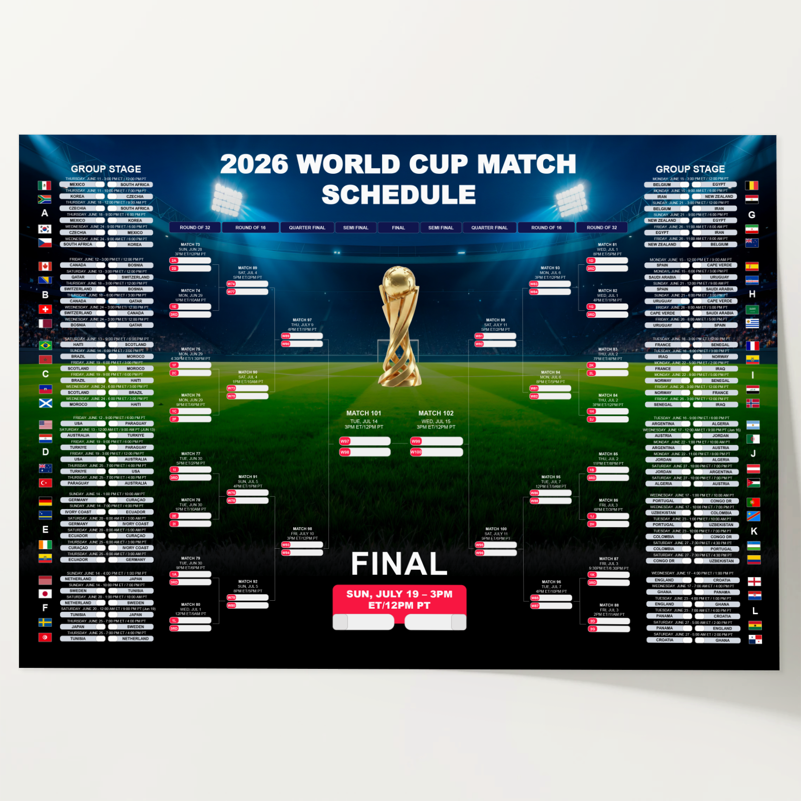 Football World Cup 2026 Poster Schedule Wall Chart + FREE A4 FLAG POSTER