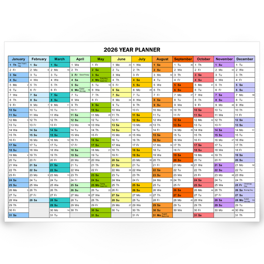 2026 Wall Planner Year Calendar Plan Holidays & Birthdays A5–A2